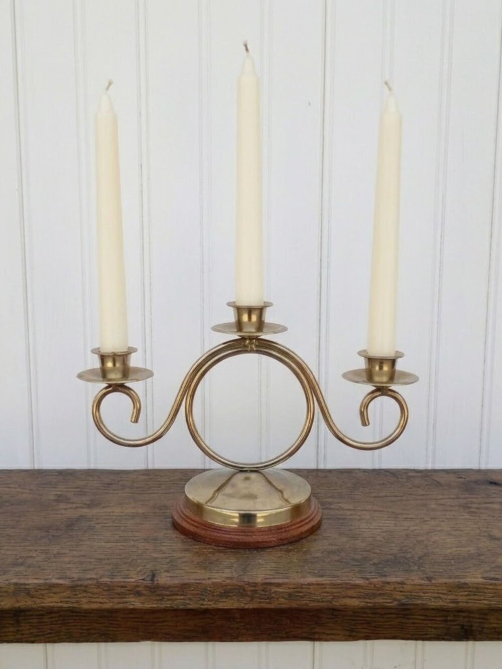 Vintage MCM Brass Candelabra Wood Base Candlestick Holder Hollywood Regency Gold